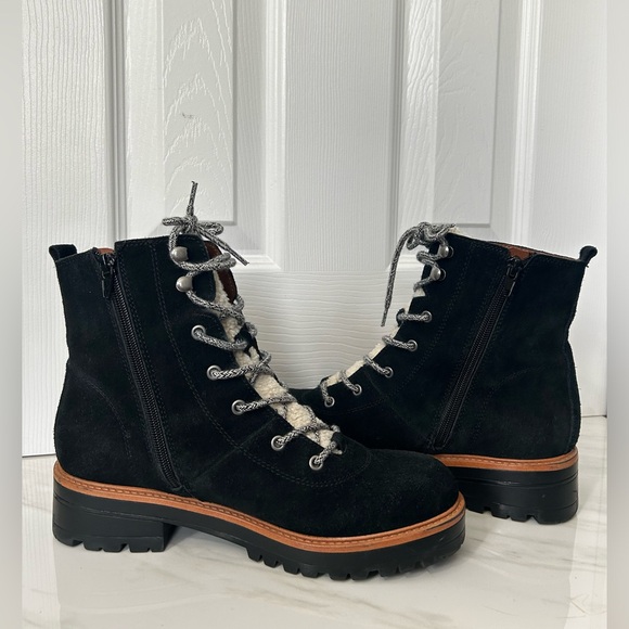 Marc Fisher Boots Suede Leather Black Tan Lace Up Womens 8 Ankle Faix Fur Lined - Picture 6 of 16